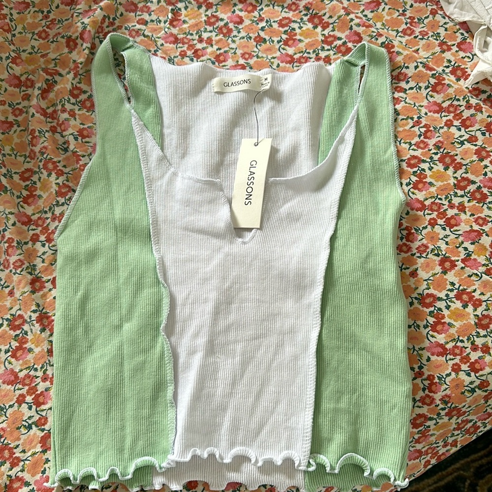 GLASSONS brand green and white tank top